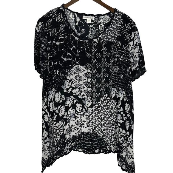 Coldwater‎ Creek Black White Colorblock Print Top Short Sleeves Sz PXL Cruise - Picture 1 of 9